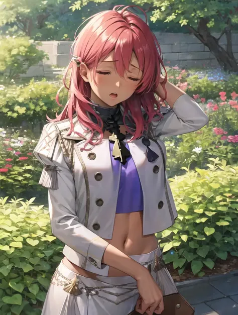 masterpiece, best quality, hapi_academy, white jacket, crop top, amulet, white skirt, cowboy shot, garden, exasperated, sigh, open mouth, closed eyes, (dark skin:0.8) <lora:hapi-nvwls-v3-000014:0.9>