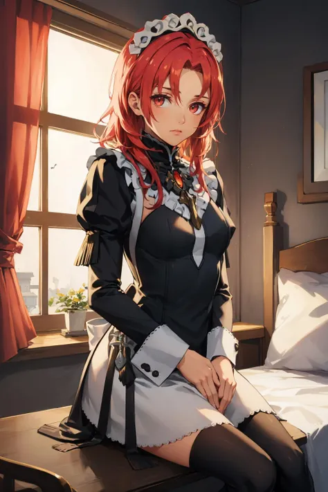 masterpiece, best quality, defHapi, bedroom, looking at viewer, bored, furrowed brow <lora:hapi-nvwls-v1-000009:0.8> <lora:FEFatesMaid_v1:1.2> fates maid, maid headdress