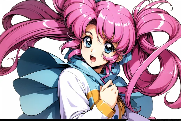 <lora:qiyuanzhizhi:0.8>,1girl, solo, pink hair, long hair, open mouth, white background, long sleeves, bangs, shiny, 1990s (style), simple background, fur trim, blue eyes, letterboxed, shiny hair, twintails, ribbon, looking at viewer, retro artstyle, floating hair, parted bangs, upper body