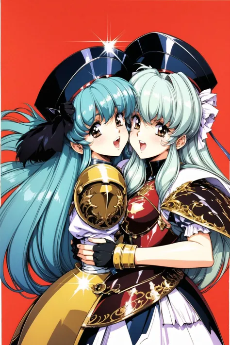 multiple girls, 2girls, hat,long hair, open mouth, shoulder armor, hug, smile, armor, bandages, siblings, sisters, dress, pauldrons, 1990s (style), sparkle, brown eyes, bangs, frills, ;d, ponytail, jewelry, aqua hair, twins, red background, border, retro artstyle, <lora:Urushihara Satoshi_v3:0.8>