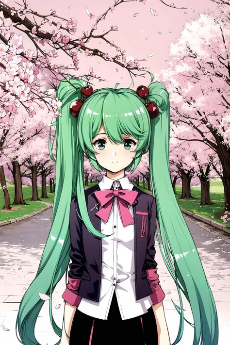 <lora:qiyuanzhizhi:0.8>,open jacket, green hair,cherry blossoms, cherry hair ornament, hanami, sakura,1girl,solo,hatsune_miku,<lora:scmixGrcTam_gsr:0.7>,