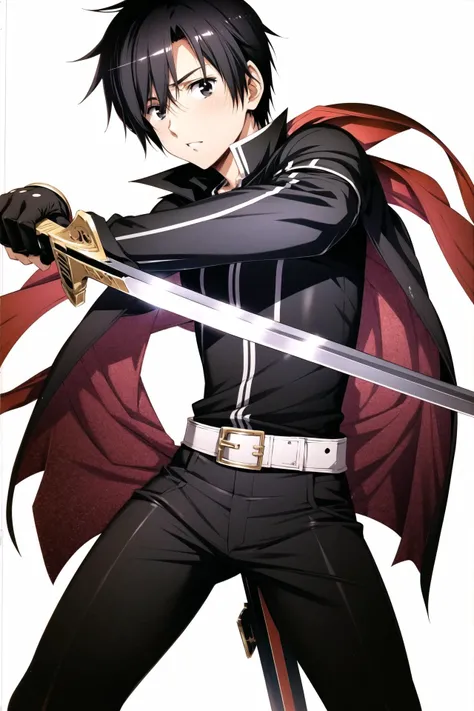 kirito, 1boy, solo ,weapon, sword, black hair, male focus, fingerless gloves, gloves, black eyes, holding weapon, holding, holding sword, black gloves, black shirt, white background, looking at viewer, pants, <lora:Urushihara Satoshi_v3:0.8>