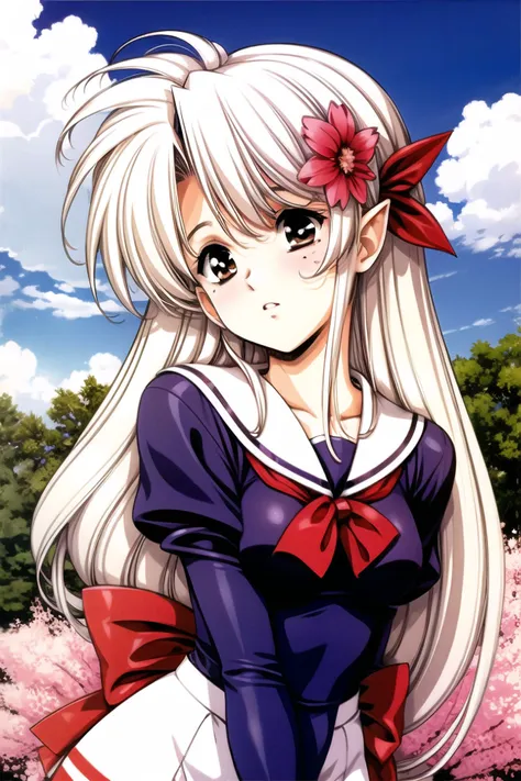 <lora:qiyuanzhizhi_fp32:0.8>,masterpiece, best quality, girl, cute face, brown eyes, mole on breast, sailor shirt, white kneehighs, uwabaki, hair ribbon, hair_bow, arm at side , long hair, platinum blonde hair, pointy ears,sky,cloud,flower,sakura