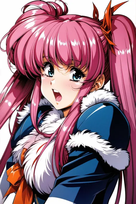 1girl, solo, pink hair, long hair, white background, open mouth, simple background, long sleeves, twintails, bangs, blue eyes, shiny, fur trim, looking at viewer, ribbon, retro artstyle, floating hair, parted bangs, shiny hair, upper body, aqua eyes, hair ribbon, <lora:Urushihara Satoshi_v3:0.8>