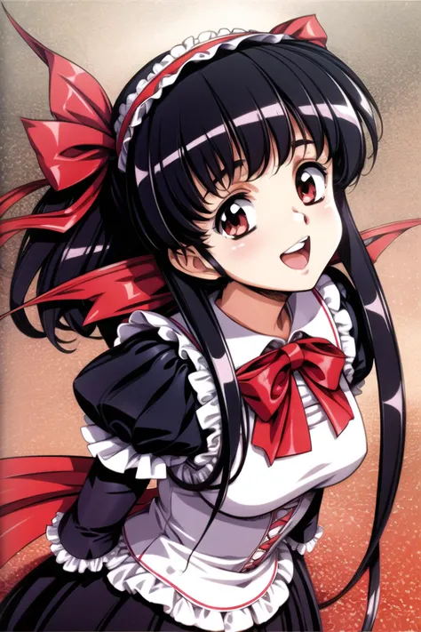 <lora:qiyuanzhizhi_fp32:0.8>,rory, anime art style, 1girl, solo, long_hair, looking_at_viewer, smile, open_mouth, bangs, black_hair, red_eyes, ribbon, hairband, ****ta_fashion, hime_cut, gothic_****ta