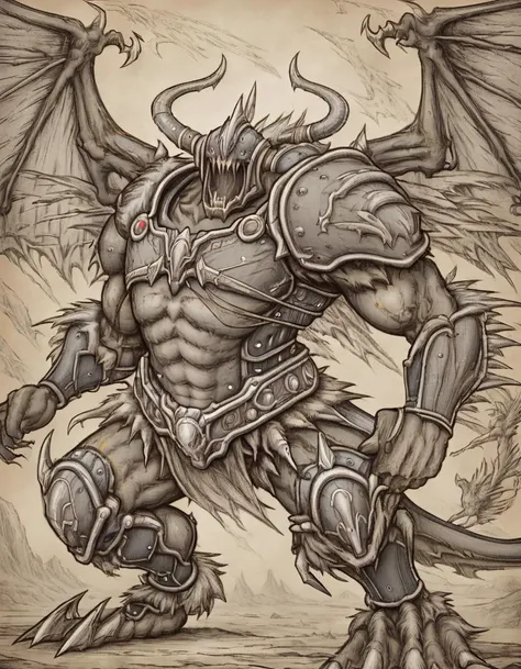 <lora:rtl1:1>rtl1 monster wearing armor with wings, drawn with pencil without color, illustrated,
