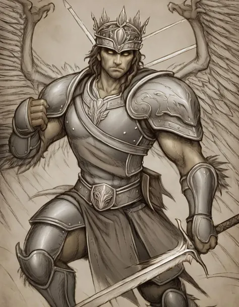 <lora:rtl1:1>rtl1 man with crown and white eyes wearing armor with wings holding sword
drawn with pencil without color, illustrated