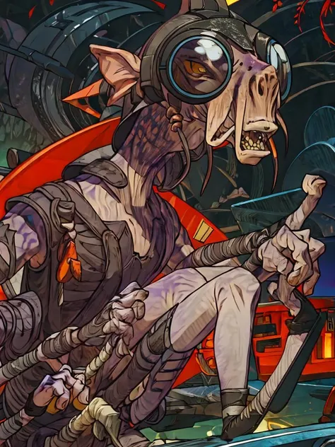 A terrifying creature created in a laboratory, combining elements of various animals and machines. The creature has a grotesque appearance with twisted, malformed limbs, glowing red eyes, and patches of metallic and organic parts fused together. It exudes an aura of menace and danger, with sharp claws and teeth, and a dark, shadowy presence.