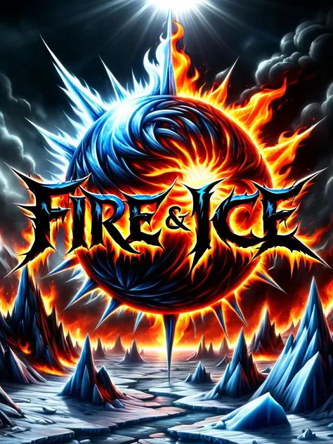 ("FIRE & ICE" text logo:1) blue, black, orange, red, horror metal <lora:Harrlogos_v2.0:1> <lora:faize-sdxl:0.4> faize, iceplanet crashing into the sun background