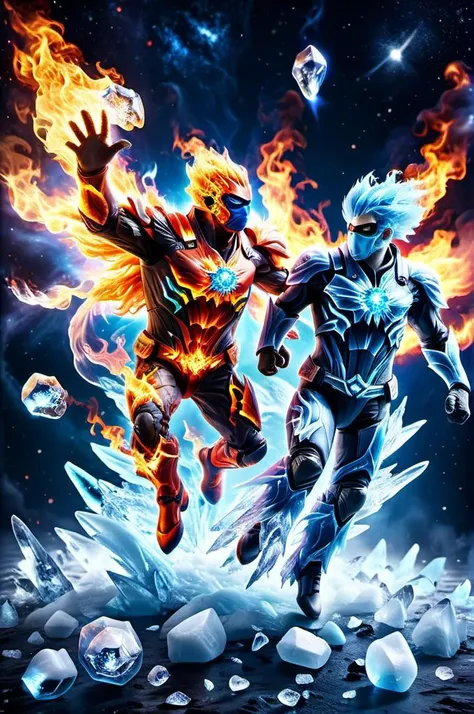 faize, photo of a one (fire hero) and one (ice hero), flying in space, fighting against
<lora:faize-sdxl:0.8>