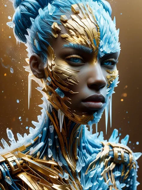 in the style of cyberpunk futurism, african influence, etam cru, light blue and gold, michael creese, steelpunk, michael hussar, white background, best quality, high quality, editorial photo, absurdres, masterpiece, intricate detail, film grain,, best quality, high quality, good <lora:faize-sdxl:1> faize