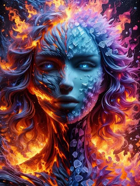 Psychedelic art drdjns style, divides into two distinct realms, stark contrast between the light and the dark, transcending language and culture, reveal the universal essence of emotions, fantasy, creativity, inspiration, pure, raw beauty of love, joy, hope, kindness, death, decay, anger, fear, sorrow, despair <lora:faize-sdxl:1> faize
