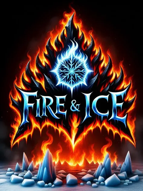 ("FIRE & ICE" text logo:1) black, blue, red, orange, horror <lora:Harrlogos_v2.0:1> text logo <lora:faize-sdxl:0.4> faize, frozen hell background