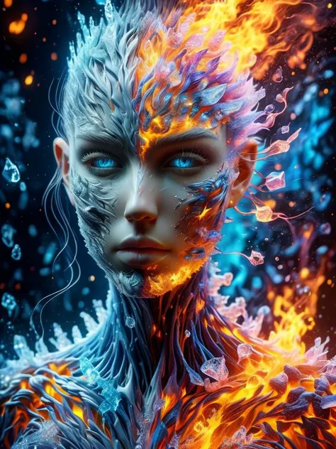 (8k, RAW photo, highest quality), hyperrealistic abstract style portrait of an otherworldly being with metallic skin, glowing orbs for eyes, and intricate fractal patterns emanating from their face, non-representational, colors and shapes, expression of feelings, imaginative, highly detailed <lora:faize-sdxl:1> faize