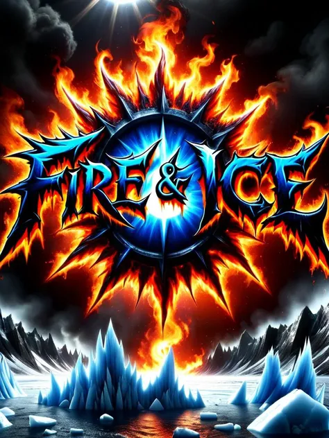 ("FIRE & ICE" text logo:1) blue, black, orange, red, horror metal <lora:Harrlogos_v2.0:1> <lora:faize-sdxl:0.4> faize, iceplanet crashing into the sun background