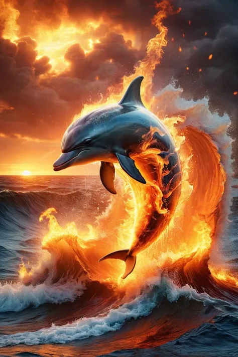 faize, A epic photograph of a fire dolphin emerging from water engulfed in flames and wind energy in a hellscape and ocean wave splash
<lora:faize:0.5>
