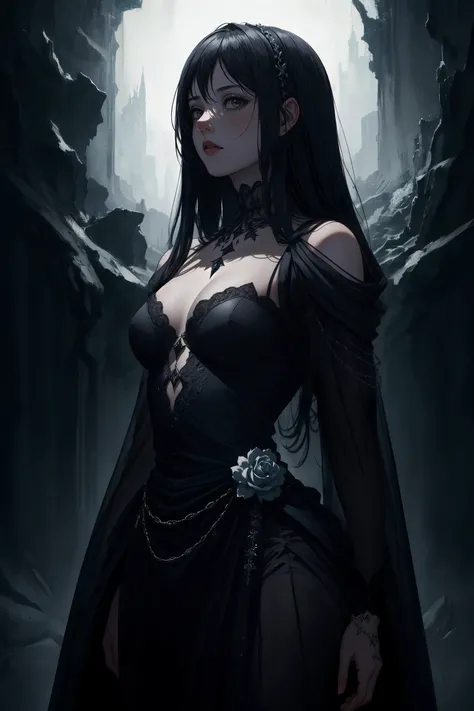 a devilish woman with long black hair, pale flawless skin, piercing red eyes, wearing an intricate elf-like costume with sharp pointed ears, in a dark and moody fantasy setting, (best quality,8k,highres,masterpiece:1.2),ultra-detailed,(realistic,photorealistic,photo-realistic:1.37),dark fantasy,dark art,chiaroscuro lighting,dramatic lighting,dramatic colors,cinematic composition,cinematic atmosphere,digital painting,concept art
