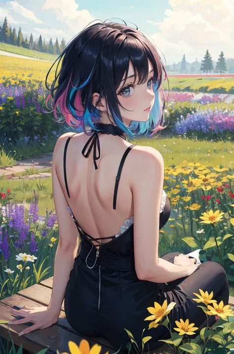 best quality,8k,4k, 16-Bit obese Canadian girl, sitting with back arched, Two-Tone hair styled as Undercut, Ruff, lush flower field, Rainbowpunk, Bloom light