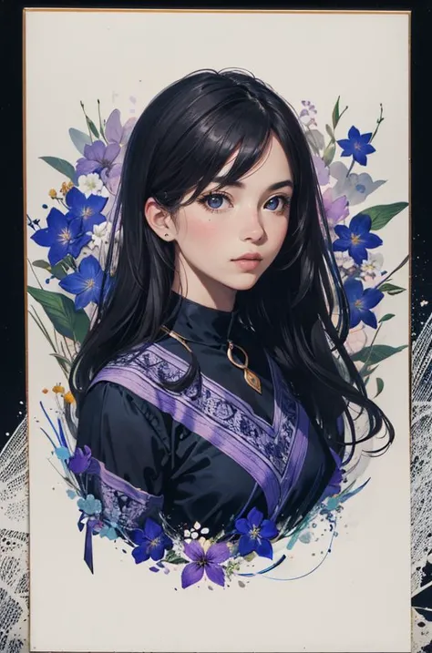 best quality, (photo realistic:1.0) , dense blossoms, behance, Impressive girl, Pottery, Colorful and Psychedelic background, Black lighting, Polaroid, F/2.8, Flickr