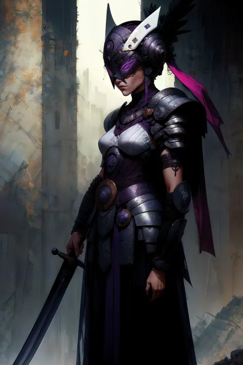 (abstract art:1.1), 1girl, masterpiece, best quality, (dark violet theme:1.2), <lora:add_detail:1>, <lora:derpd - Test:1>,derpd, warrior, mask, armor, sword, science fiction,