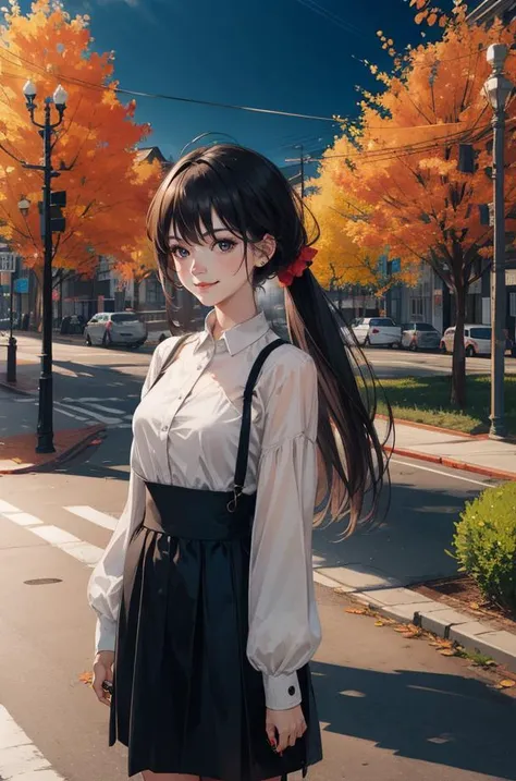 best quality,(photo realistic:1, Spray paint style, elegant, Impressive girl, in autumn landscape at Nighttime, Smirking, film grain, Iphone X, telephoto lens, 64K,