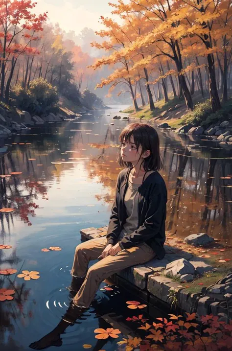 best quality, (photo realistic:1.0) , mundane Oil painting, Worn-Out girl, autumn pond, Smoky Conditions, Cel shaded, Confused, hard light, film grain, Canon R5, Zoom lens