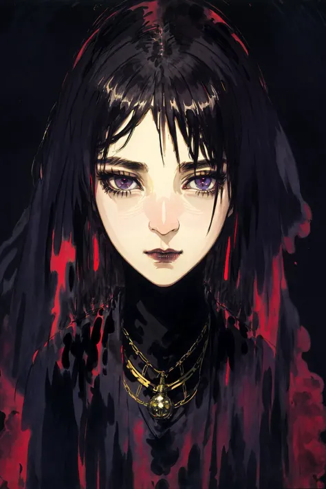 (amano yoshitaka:2.0), (Broad lighting), low-key lighting, painterly, dark background, portrait, heavy-lidded eyes, unusual composition, use of negative space, dark theme, spectral, <lora:amano_yoshitaka_offset:1.25>