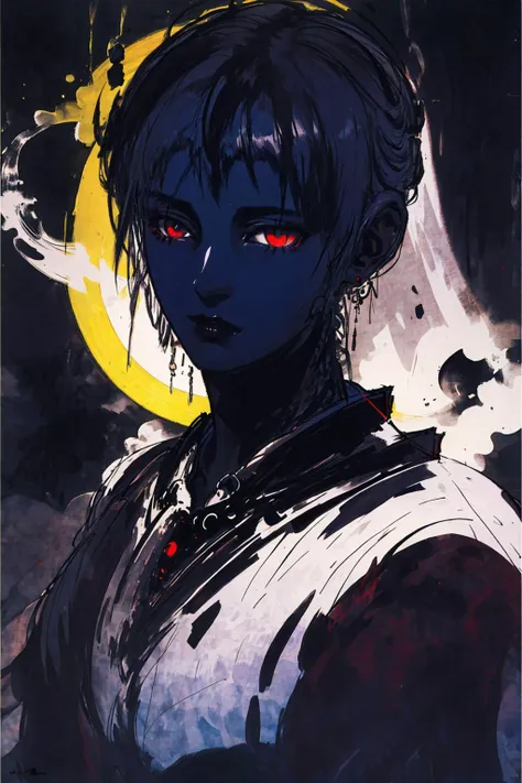 (amano yoshitaka:2.0), (Broad lighting), low-key lighting, painterly, dark background, portrait, negative space, dark theme, spectral, <lora:amano_yoshitaka_offset:1.25>