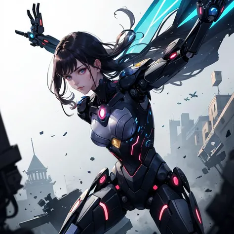 Byzantine girl, wearing Frosted Berber fluorescent Superhero costume, Compelling Robobotic body, Rough sketch, back light, Hypersaturated, hyperdetailed,fighting pose,ruined world,battle,