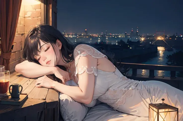 best quality, (photo realistic:1.0) , 1900'S Disco Era girl, sleeping pose, night,background is [Narnia|Taj Mahal], FOV 90 degrees, natural lighting, film grain, Canon R5, 35mm