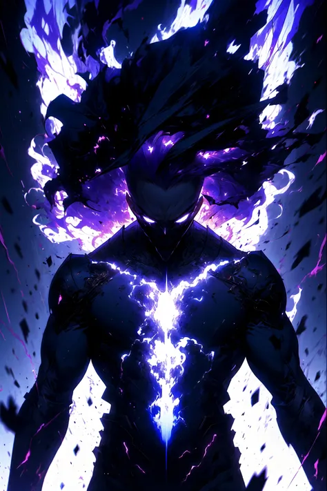 masterpiece, best quality, ultra high res, beautiful, visually stunning, elegant, incredible details,  award-winning painting, (dark art:1.1), deep shadow, (dark violet theme:1.2),   <lora:r1ge - AnimeRage-000011:1>, r1ge, glowing, aura, energy, beam, flying debris, [serious|angry], floating hair, 1boy, muscular, mask,