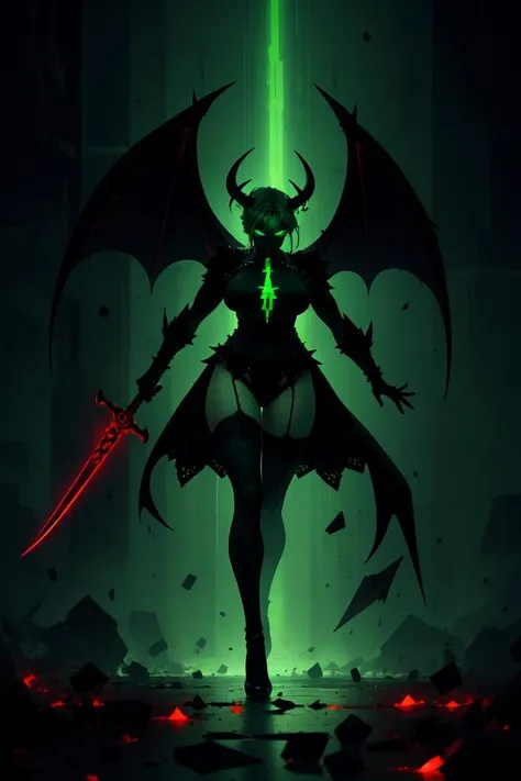 masterpiece, best quality, ultra high res, demon girl, demon horns, high heeled shoes, lace stockings, muscular, dynamic pose, swole, large breasts, demon horns, barbed demon tail, carrying battle axe, incredible details, award-winning painting, (dark art:1.1), deep shadow, (dark green theme:1.2), r1ge, glowing, aura, energy, beam, flying debris, [serious|angry], floating hair, <lora:r1ge - AnimeRage:0.5>, <lora:n3on - Style2:0.5>