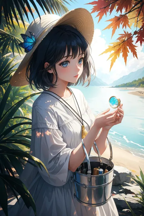 1girl, (art by Walter Quirt:0.9) , epic Physically based render, (Pearlescent theme:0.7) , stylized, high angle shot of a White and Slate Gray Tanzanian ([Bucket|minerals]:1.3) , the Bucket is very [Slimy:Scrumptious:18] and Lyrical, it is made from Maple tree, it has pretty details, plain Neutral background, dense jungle and beach, Smoky Conditions, FOV 90 degrees, Ultra Real, Sci-Fi, Impressionism, side lit, F/1.8, Colorless, dreamy magical atmosphere, dark rainbow power aura, absurdres, dslr, sci fi