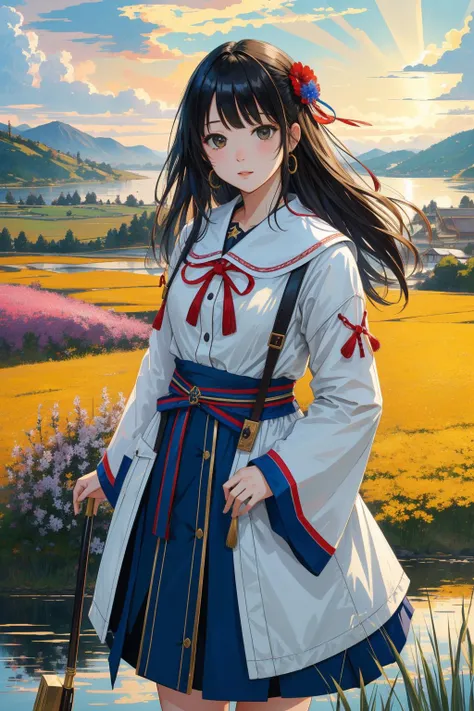 1girl, 8k Kintsugi of a Analytical Art, insane details, landscape of a Mingei Authentic ([Oslo|Antigua]:1.3) from inside of The Shire, Cloudy lake and grass, Hurricane, colorful art, (impressionism art by Jules Tavernier:1.0) , (Shilin Huang:1.1) , (Jean-Paul Riopelle:1.2) , (Rob Liefeld:1.1) , Shameful, Light caustics, Low shutter, High Contrast, full of color, behance HD, Pixabay, dslr