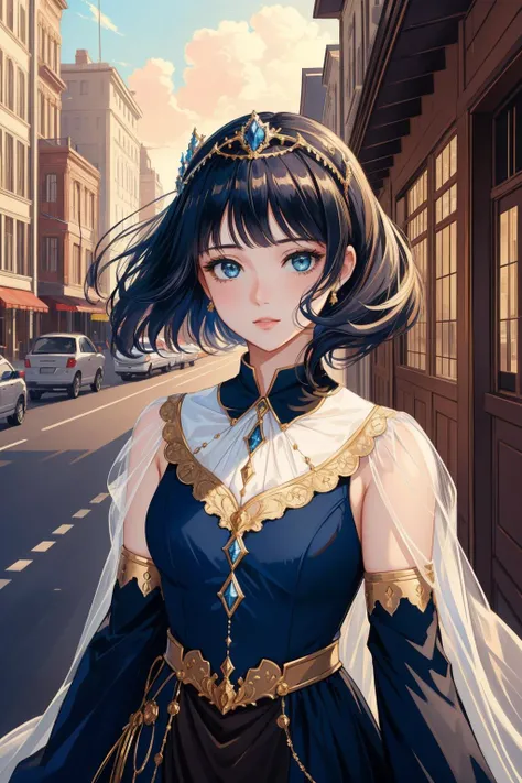 1girl, grand Oil painting, Techno reeds with Fern, masterpiece, medium shot of a Sturdy Feminine Belle Époque ([maté:Tiara:1]:1.3) , it is smooth, it is with dark blue adornments, behance, near [Horrifying|Morbid] Overpass, at Twilight, tilt shift, Light, Synthwave Art, spotlit, pinhole lens, Dark hue, rpg concept art, nightmare fuel, extremely beautiful, High quality, [ (by Paula Modersohn-Becker:1.0) , (Joe Shuster:1.3) ::12]