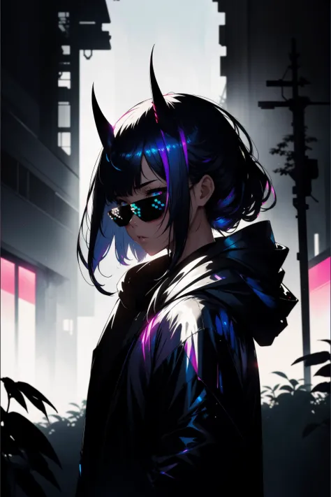 1girl,solo, glowing, DealWithIt, sunglasses, (small short oni horns), electric, jacket, upper body, clean hair, hood, white (iridescent:1.31) hair, blush, outdoors, long hair, parted lips, bangs, (profile:0.85), hood down, depth of field, long sleeves, hooded jacket, hands in pockets, (plants), soviet battlefield, hair flaps, glitch effect, (cinematic art style:1.4), (light and silhouette effect), neon and silhouette effect, random, (creative), electricity, dark theme, ethereal