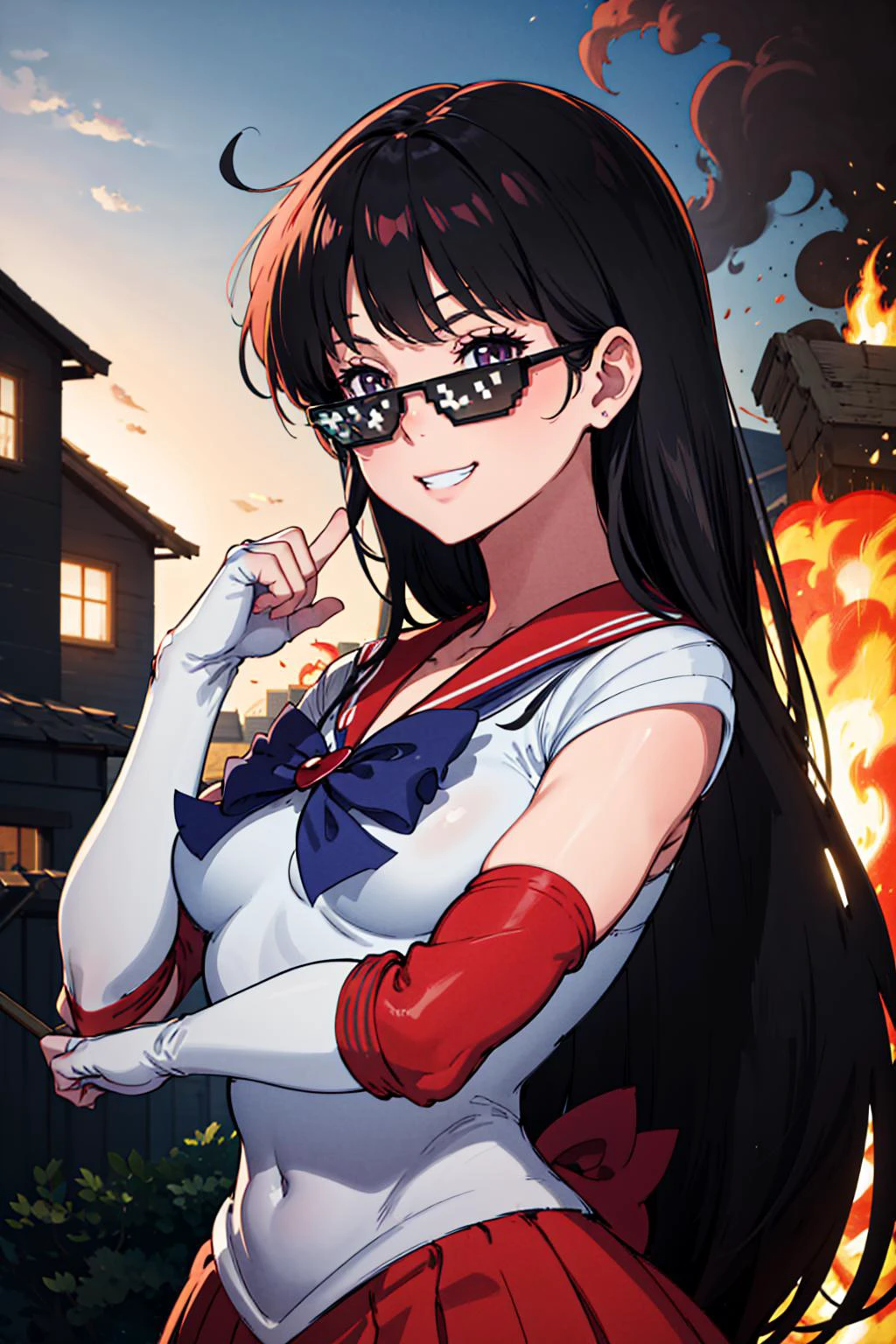 masterpiece, best quality, absurdres, 1girl, solo, life-size-body, upper body, grin, burning house behind, <lora:SailorMarsLORA:0.8> SMMars, very long hair, parted bangs, sailor senshi uniform, red sailor collar, red skirt, elbow gloves, <lora:DealWithIt2:0.8> incrsdealwithit, sunglasses