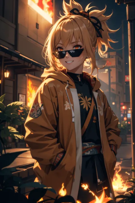 1girl, solo, glowing, incrsdealwithit, sunglasses, yoimiyadef, floral print, orange jacket, upper body, hood, blonde hair, evil grin, smile, happy, glowing eyes, outdoors, high pony tail, hood down, depth of field, long sleeves, orange hooded jacket, hands in pockets, (plants), (cinematic art style), neon and silhouette effect, random, (creative), flames, dark theme, ethereal