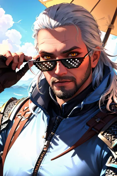 geralt_soul3142,facial hair,1boy,white hair,beard,scar on face,scar,incrsdealwithit,sunglasses,<lora:DealWithIt2:1>,<lora:geraltW3:0.5>
