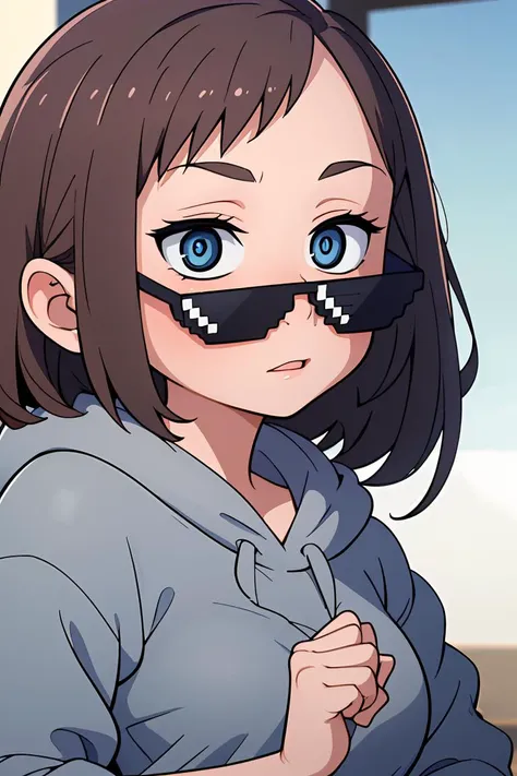 (masterpiece, best quality), 1girls, beautiful face, beautiful body,  <lora:DealWithIt2:0.8> incrsdealwithit, sunglasses,  <lora:ichikawakana-nvwls-v1:1> ichikawakana, grey hoodie, blue skirt, ringed eyes