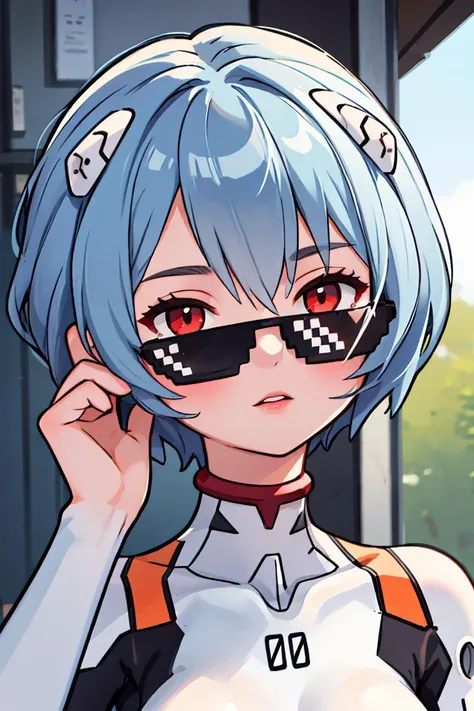 (masterpiece, best quality), 1girls, beautiful face, beautiful body, <lora:DealWithIt2:0.8> incrsdealwithit, sunglasses, <lora:ayanami_rei:1> ayanami_rei, plugsuit, bodysuit, interface headset, white bodysuit