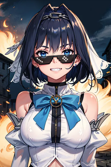 masterpiece, best quality, absurdres, 1girl, solo, life-size-body, upper body, grin, burning house behind, <lora:KroniiV2:0.8> KroniiBase, short hair, hair intakes, chain, veil, bow earrings, striped crop top, white vest, blue bow, black skirt, detached sleeves, black gloves, black thighhighs,  <lora:DealWithIt2:0.8> incrsdealwithit, sunglasses