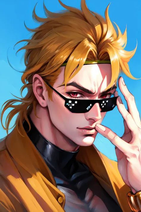Highly detailed, High Quality, Masterpiece, beautiful, DealWithIt, <lora:DealWithIt:1>, solo, close-up, dio, jacket, headband, <lora:Char_Sigmas_Dio:0.9>