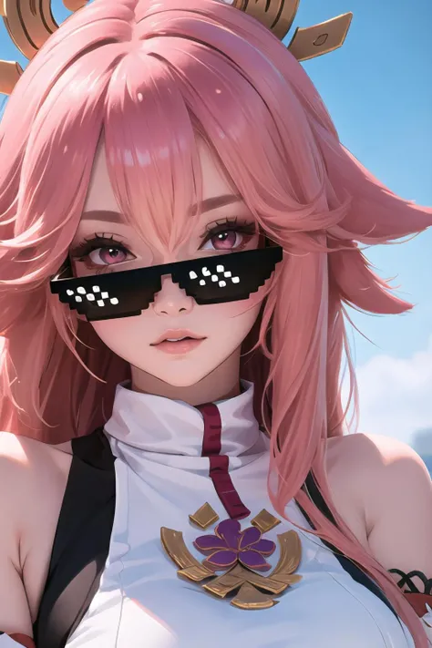 yae miko, Pink hair, a girl wearing trendy orange sunglasse, with an orange background , portrait