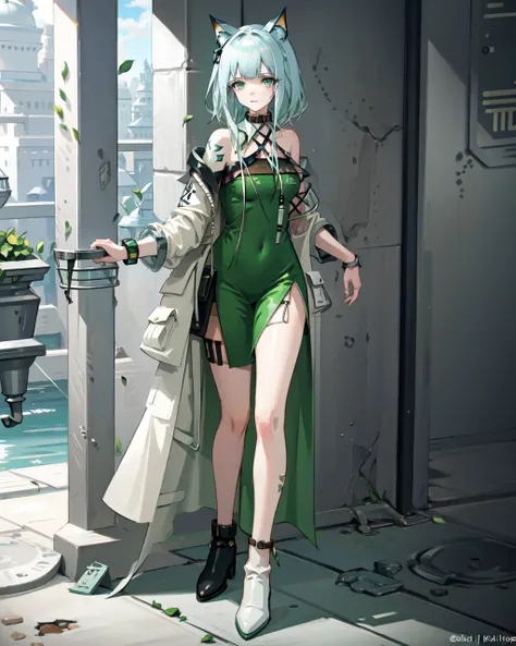 1girl, animal_ears, kal'tsit_\(arknights\), collar, solo, green_eyes, bare_shoulders, silver_hair, looking_at_viewer, green_dress, dress, white_jacket, full body, boots, <lora:kaltsit-000018:0.8>