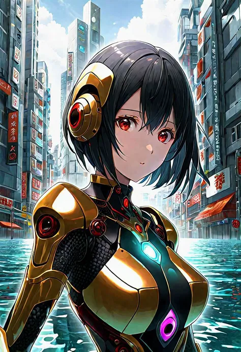 anime game, dark space iridescent fractal cells cellularal matrix of eye-holes and keyholes of eyeholes geometry fractals, upper body,, 1girl, short hair, red eyes, black eye-hole keyhole cube-hole ultron mech armor of repeated multi-plates of copper and golden motifs, white sky, water stream bank, city, street, tree canopy, sunlit, weak lights and shadows, looking viewer, sliver flower layered rectangle motifs on-mech, eyeholes keyholes polygon motifs broken damaged glass mech, transparent x-ray hole key eye-key-hole broken damaged glass defeated mech destroyed x-ray collapsed