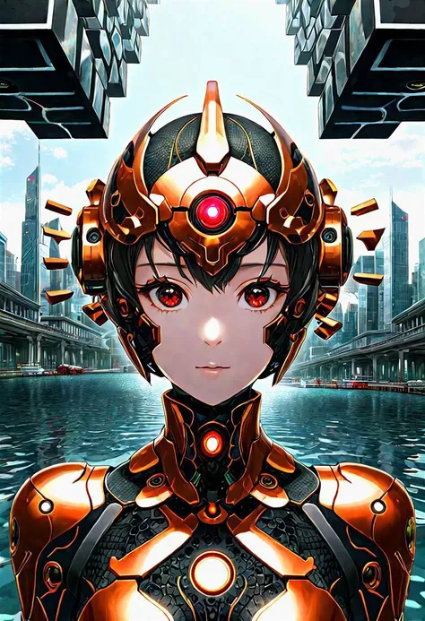 anime game, dark space iridescent fractal cells cellularal matrix of eye-holes and keyholes of eyeholes geometry fractals, upper body,, 1girl, short hair, red eyes, black eye-hole keyhole cube-hole ultron mech armor of repeated multi-plates of copper and golden motifs, white sky, water stream bank, city, street, tree canopy, sunlit, weak lights and shadows, looking viewer, sliver flower layered rectangle motifs on-mech, eyeholes keyholes polygon motifs broken damaged glass mech, transparent x-ray hole key eye-key-hole broken damaged glass defeated mech destroyed x-ray collapsed
