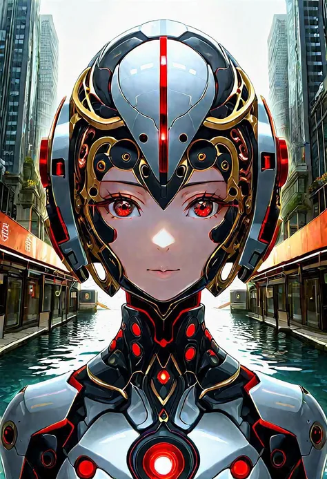 anime game, dark space iridescent fractal cells cellularal matrix of eye-holes and keyholes of eyeholes geometry fractals, upper body,, 1girl, short hair, red eyes, black eye-hole keyhole cube-hole ultron mech armor of repeated multi-plates of copper and golden motifs, white sky, water stream bank, city, street, tree canopy, sunlit, weak lights and shadows, looking viewer, sliver flower layered rectangle motifs on-mech, eyeholes keyholes polygon motifs broken damaged glass mech, transparent x-ray hole key eye-key-hole broken damaged glass defeated mech destroyed x-ray collapsed