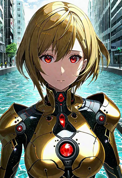 anime game, dark space iridescent fractal cells cellularal matrix of eye-holes and keyholes of eyeholes geometry fractals, upper body,, 1girl, short hair, red eyes, black eye-hole keyhole cube-hole ultron mech armor of repeated multi-plates of copper and golden motifs, white sky, water stream bank, city, street, tree canopy, sunlit, weak lights and shadows, looking viewer, sliver flower layered rectangle motifs on-mech, eyeholes keyholes polygon motifs broken damaged glass mech, transparent x-ray hole key eye-key-hole broken damaged glass defeated mech destroyed x-ray collapsed