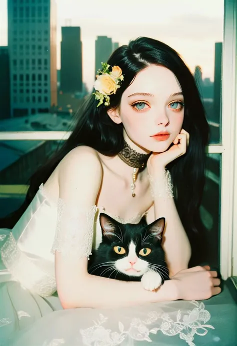 a cute girl, 22 years old, black hair, pale skin, buff, choker, vintage, faded film, film grain, polaroid, cute apartment, window, city,
best quality, high quality, masterpiece, detailed, realistic, 1girl, solo, laying with cat, peaceful, pale skin, parted lips, detailed long hair, Embroidered wedding dress, strapless, bare shoulders, perfect anatomy, perfect hands, good hands, green carpet, break depth of field, bokeh,
